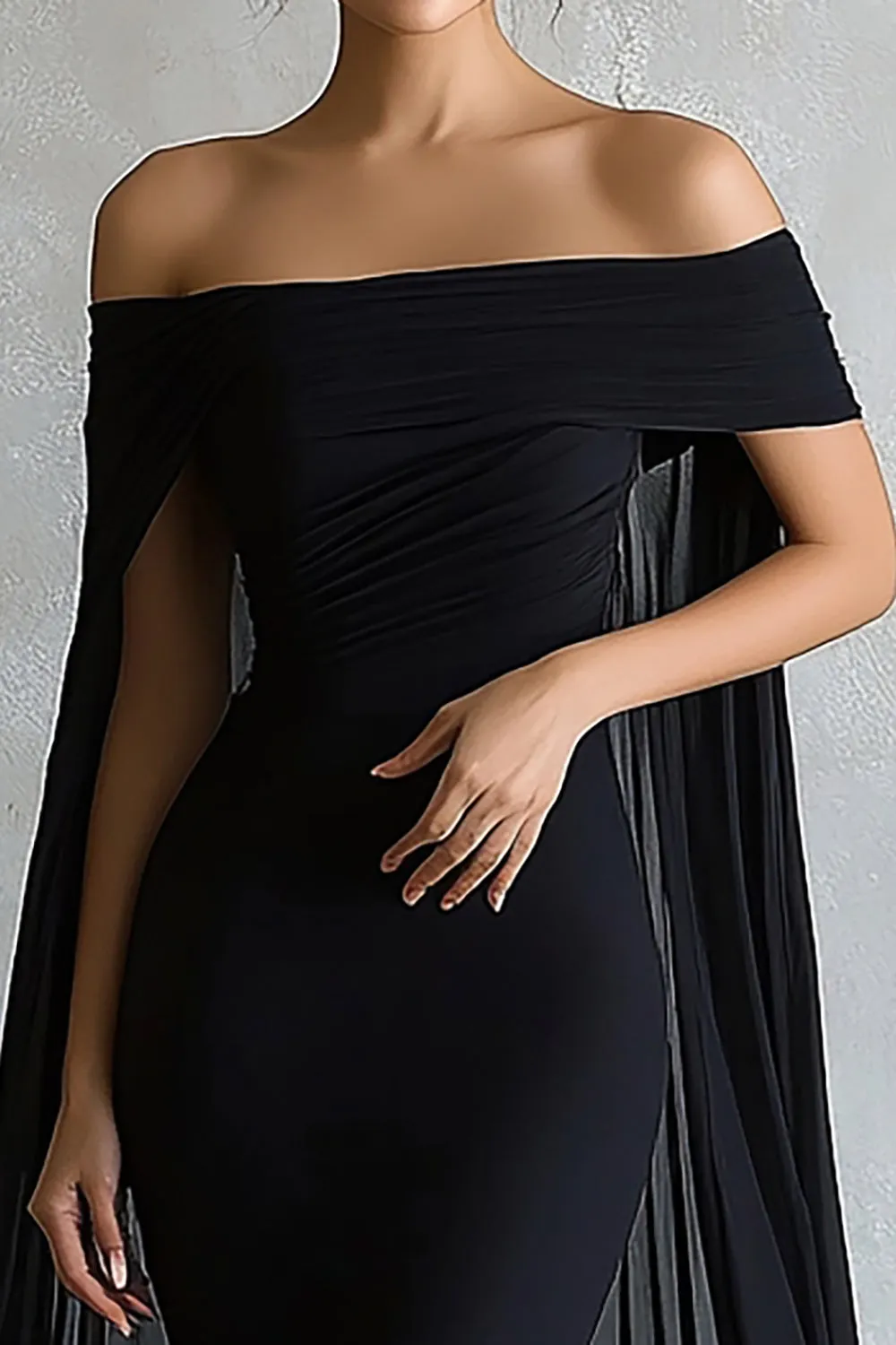 Black Off the Shoulder Mermaid Long Evening Dress with Cape sold by Zapaka product image thumbnail 2