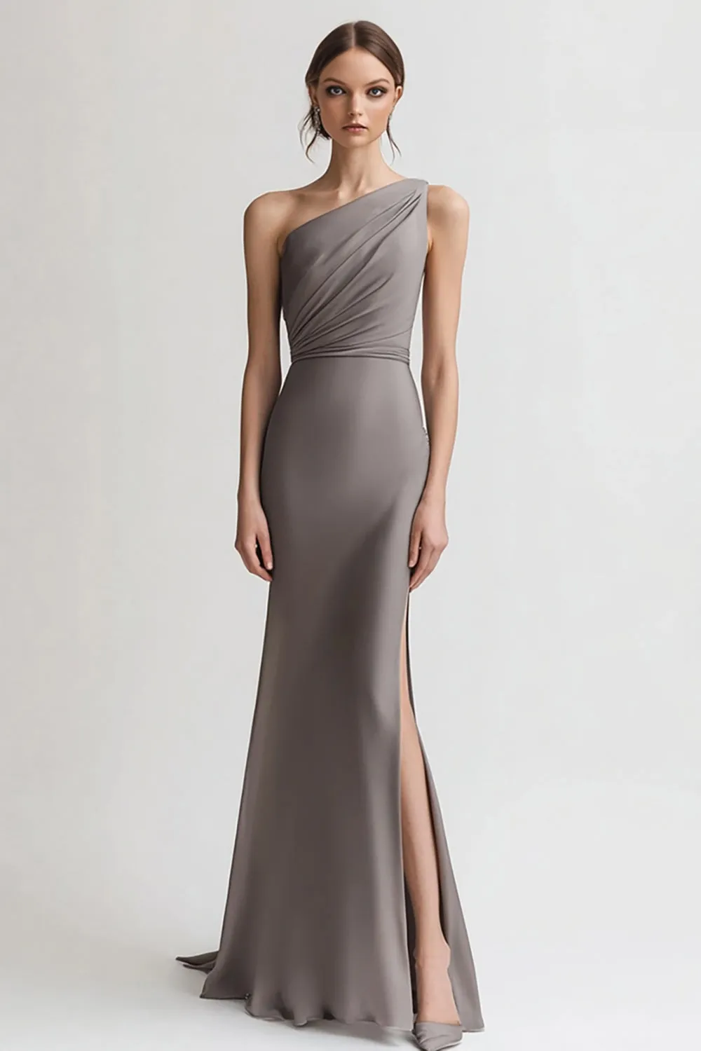 One Shoulder Grey Sheath Evening Dress with Slit sold by Zapaka