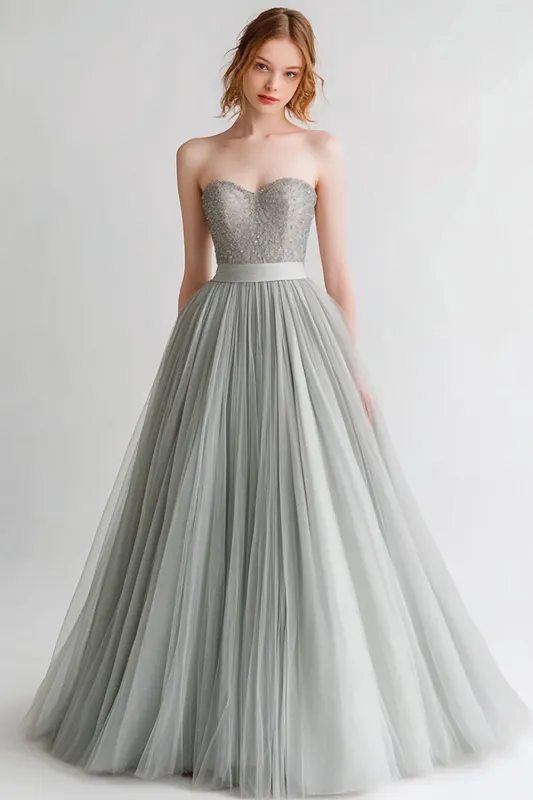 Grey Strapless A Line Tulle Evening Dress sold by Zapaka