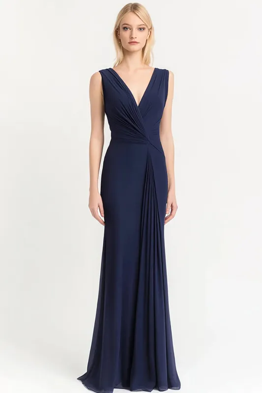 Navy V Neck Sheath Ruched Long Evening Dress sold by Zapaka