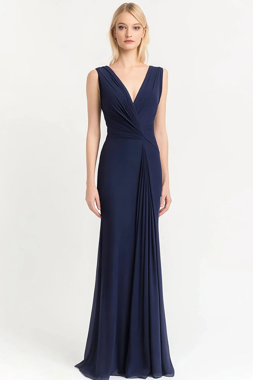 Navy V Neck Sheath Ruched Long Evening Dress sold by Zapaka