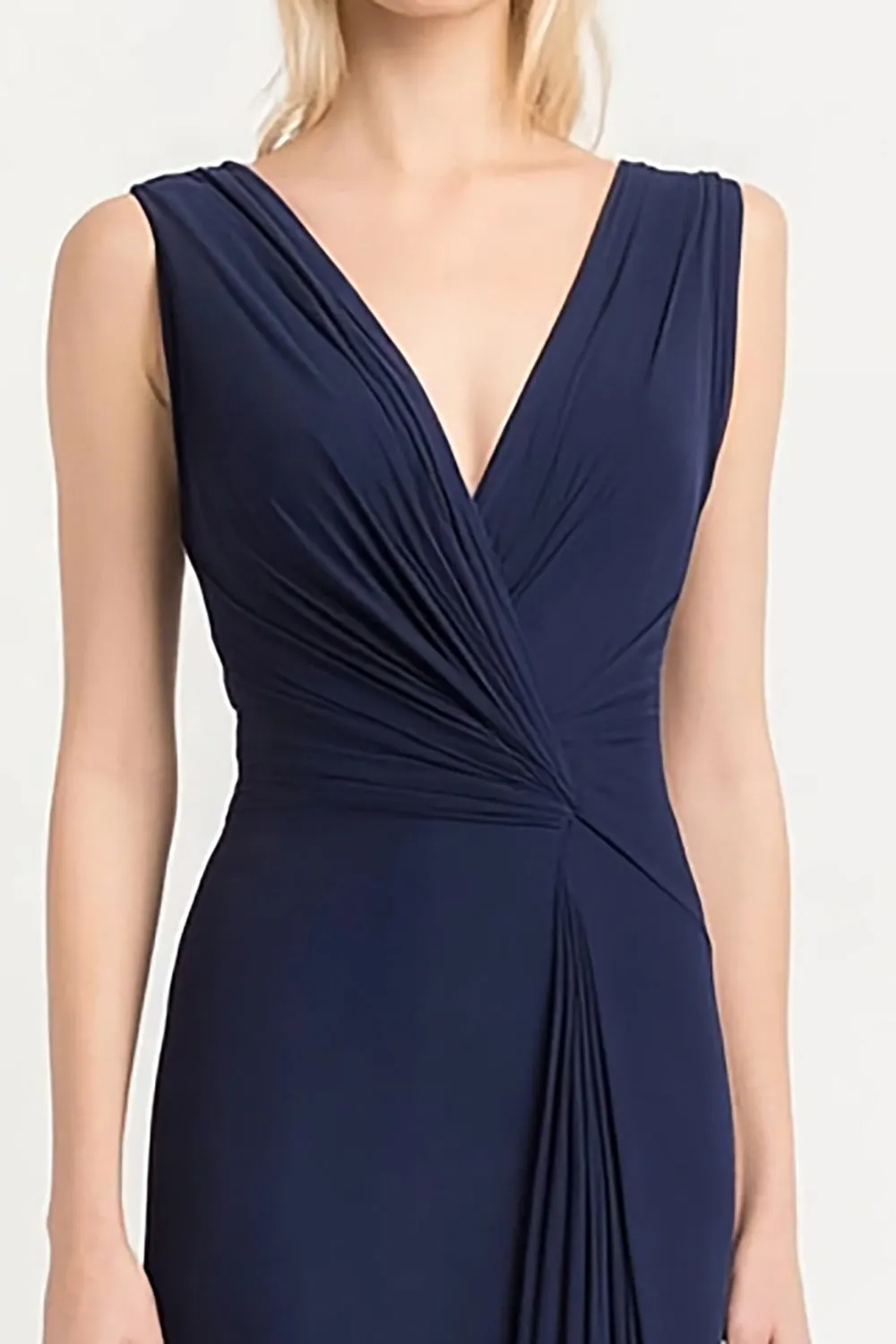 Navy V Neck Sheath Ruched Long Evening Dress sold by Zapaka product image thumbnail 2