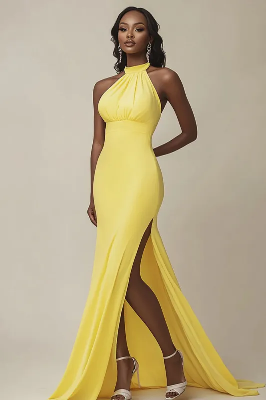 Yellow Satin Halter Mermaid Long Evening Dress with Slit sold by Zapaka