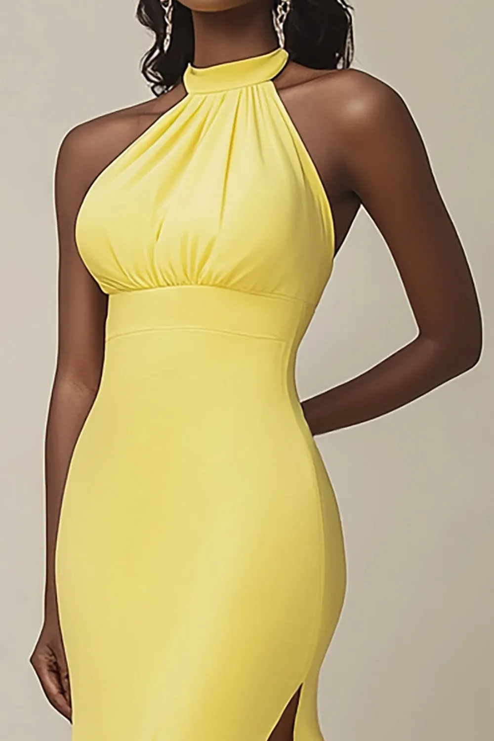 Yellow Satin Halter Mermaid Long Evening Dress with Slit sold by Zapaka product image thumbnail 2