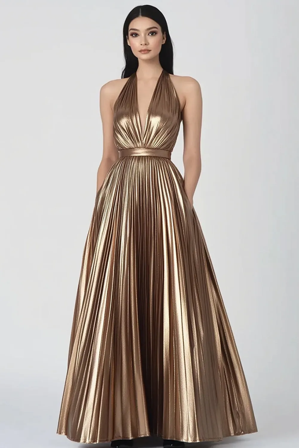Gold Metallic Halter V Neck A Line Long Evening Dress sold by Zapaka