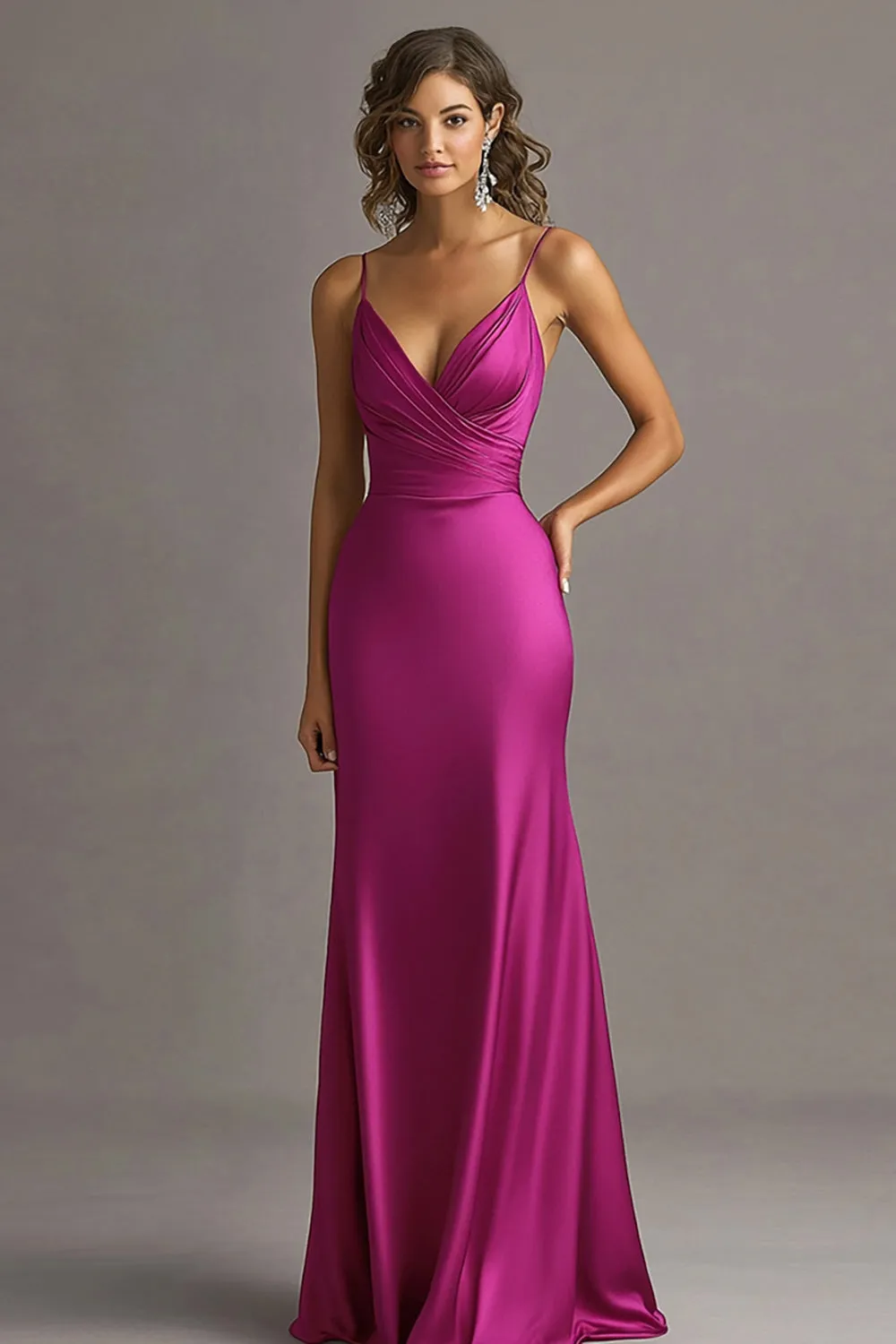 Fuchsia V Neck Sheath Ruched Long Evening Dress sold by Zapaka