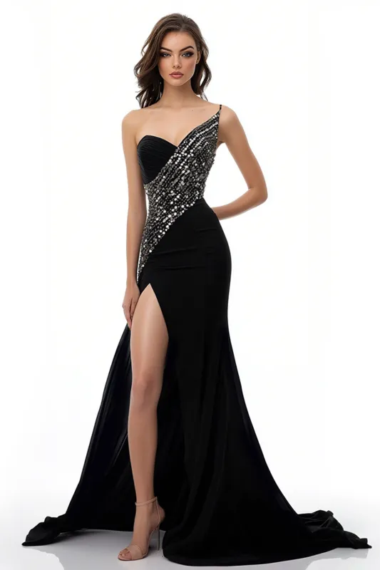 Sparkly Black A Line One Shoulder Long Evening Dress with Slit sold by Zapaka