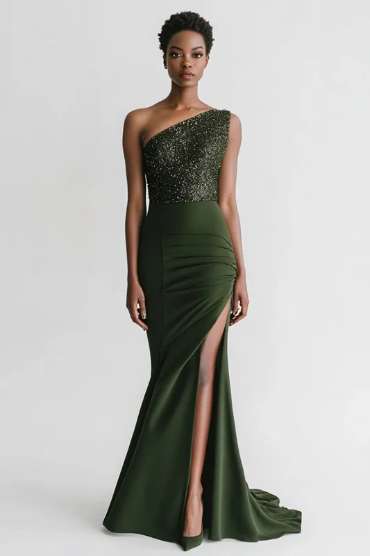 Sparkly Olive Satin One Shoulder Mermaid Long Evening Dress with Slit sold by Zapaka