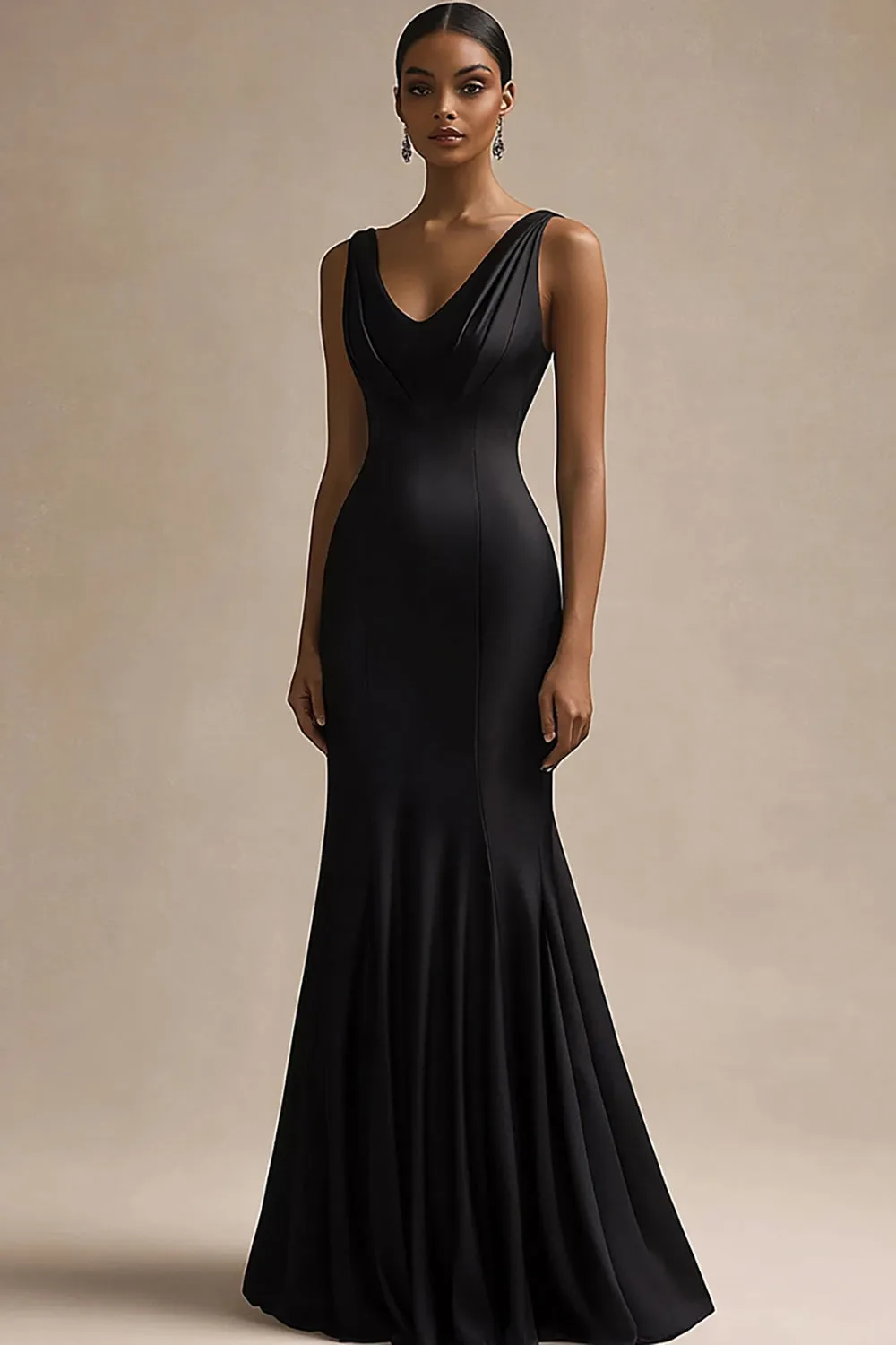 Black V Neck Mermaid Satin Long Evening Dress sold by Zapaka