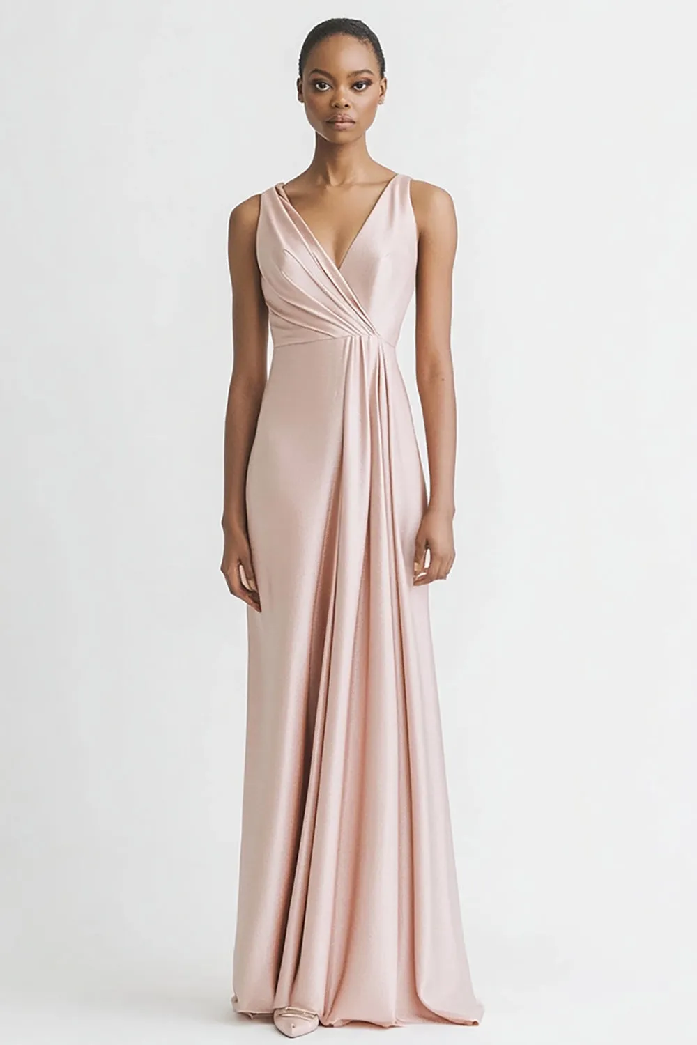 Pink V Neck Sheath Satin Long Evening Dress sold by Zapaka