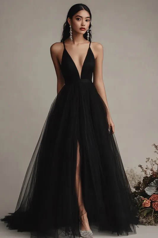 Black A Line Tulle Spaghetti Straps Long Evening Dress with Slit sold by Zapaka