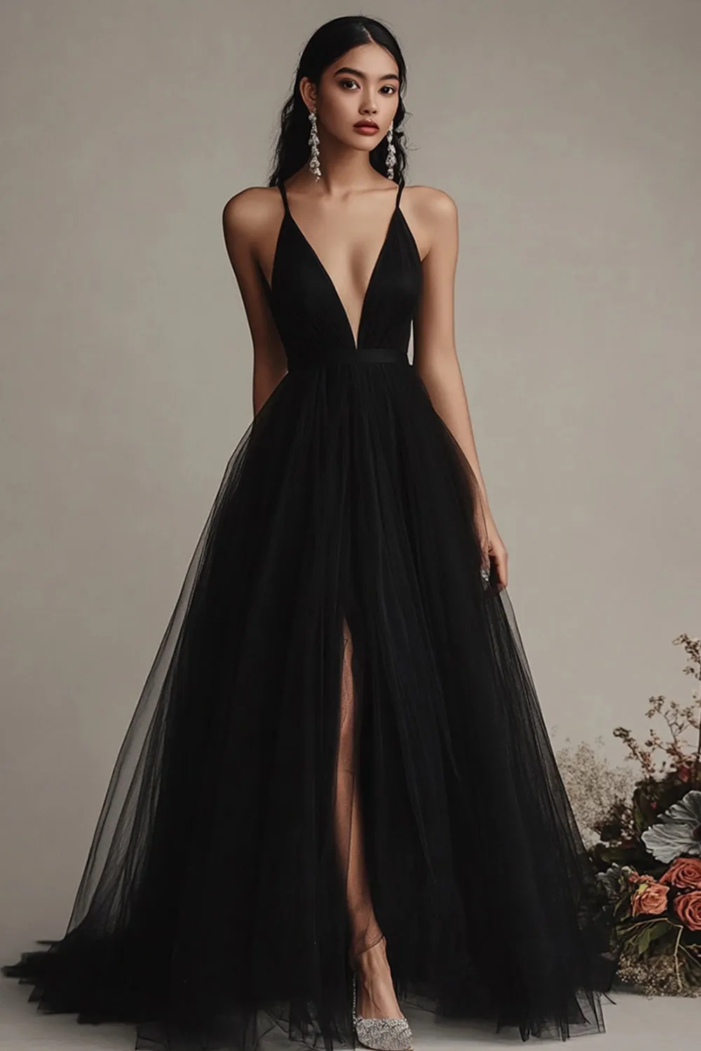 Black A Line Tulle Spaghetti Straps Long Evening Dress with Slit sold by Zapaka