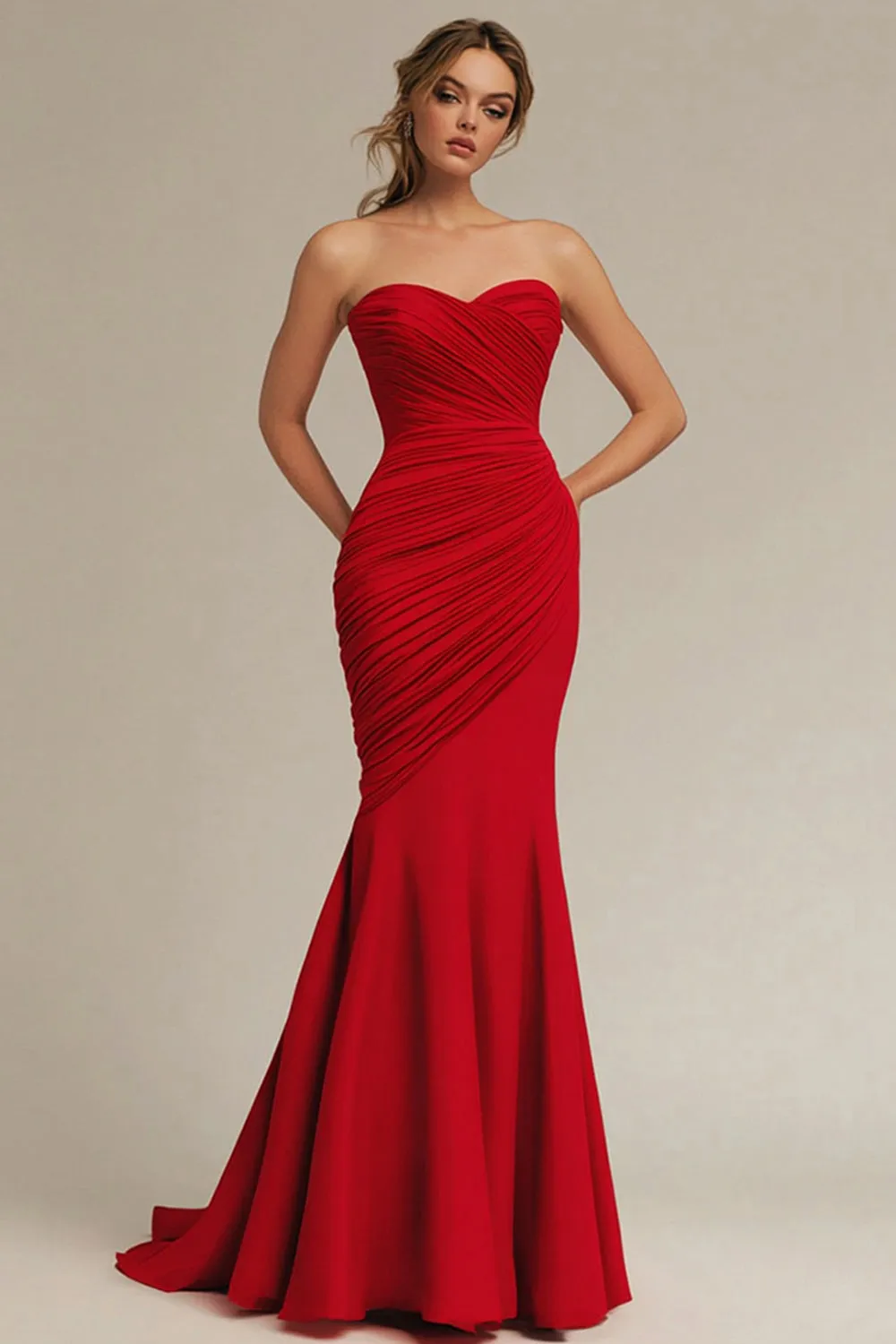Strapless Matte Satin Red Pleated Mermaid Evening Dress sold by Zapaka