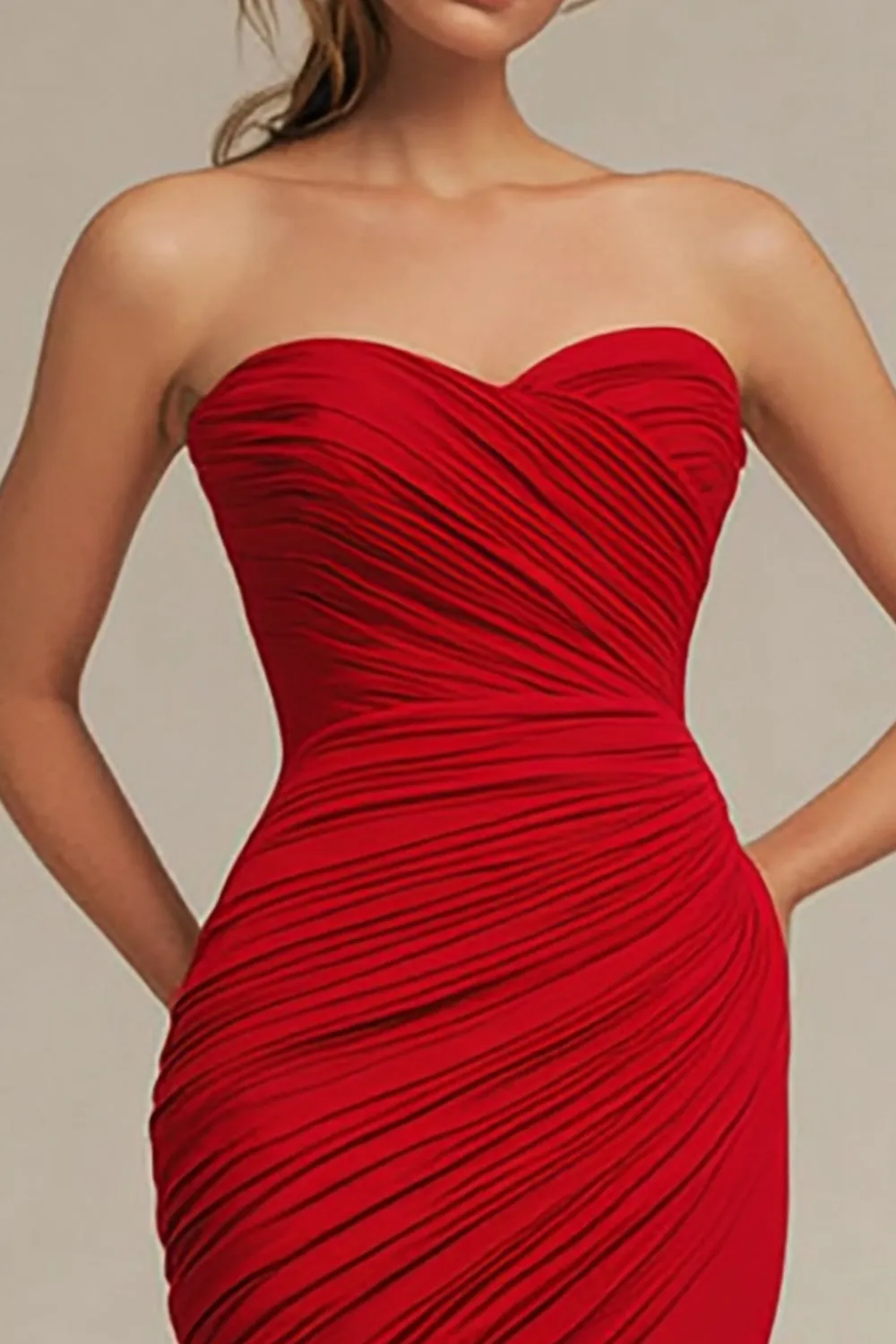 Strapless Matte Satin Red Pleated Mermaid Evening Dress sold by Zapaka product image thumbnail 2