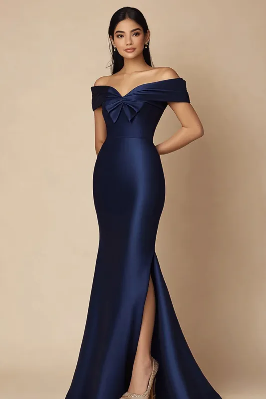 Off the Shoulder Navy Mermaid Satin Evening Dress with Slit sold by Zapaka