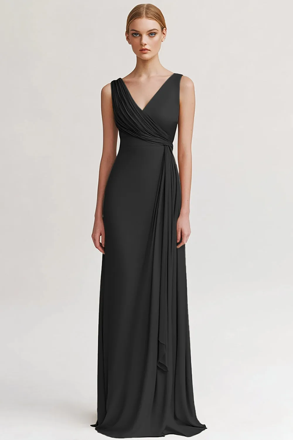 Black V Neck Sheath Ruched Evening Dress sold by Zapaka product image thumbnail 3