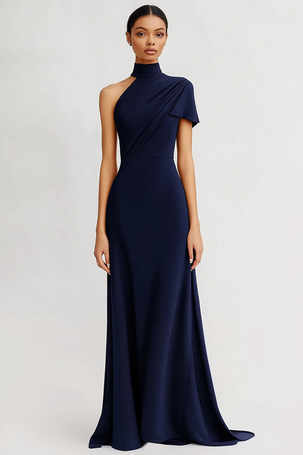 Navy One Shoulder Sheath Evening Dress with Ruffles sold by Zapaka