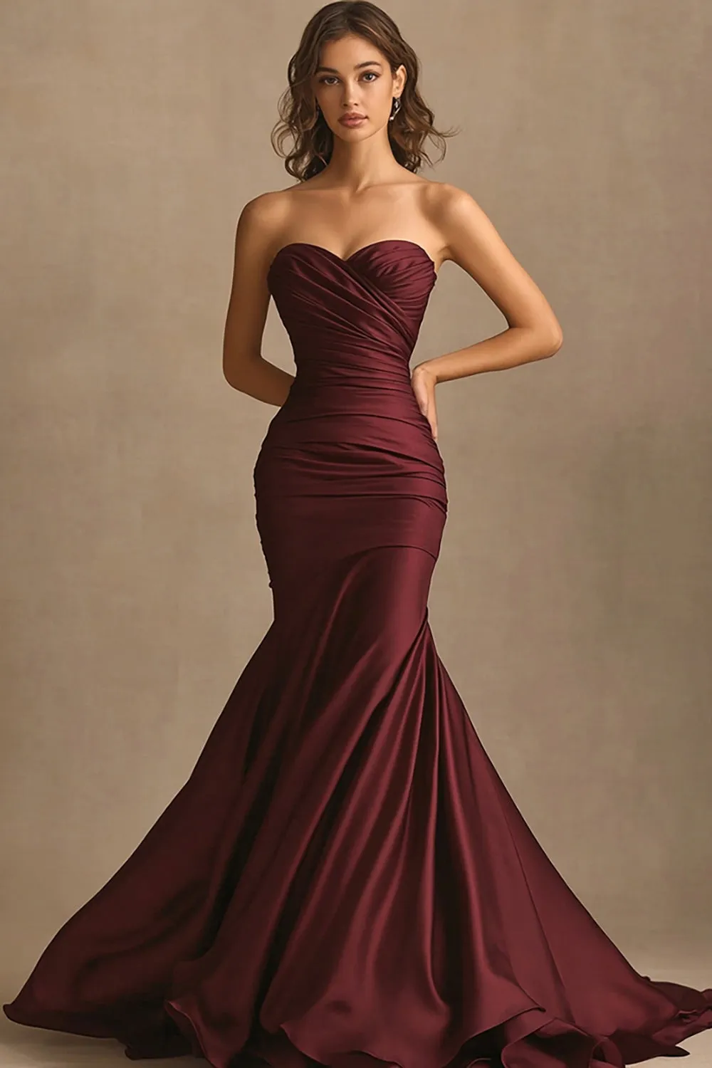 Burgundy Sweetheart Ruched Long Evening Dress sold by Zapaka