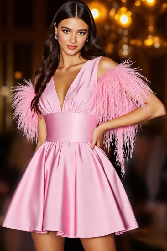 Pink Cute Homecoming Dress with Feathers sold by Zapaka