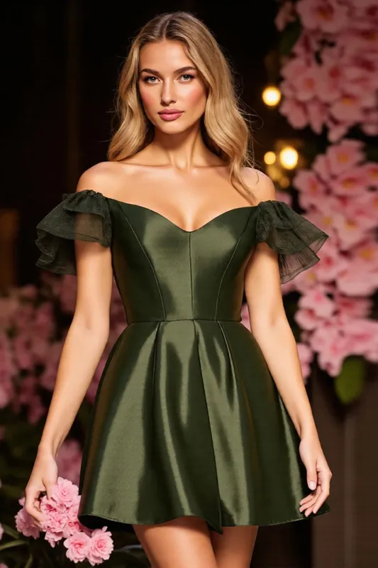 Off The Shoulder Satin Army Green Cocktail Dress sold by Zapaka