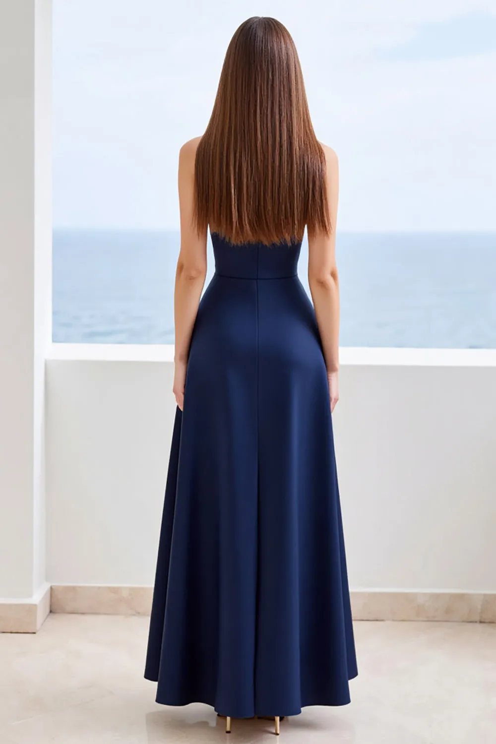 Navy Sweetheart Satin A Line Long Formal Dress with Slit sold by Zapaka product image thumbnail 2