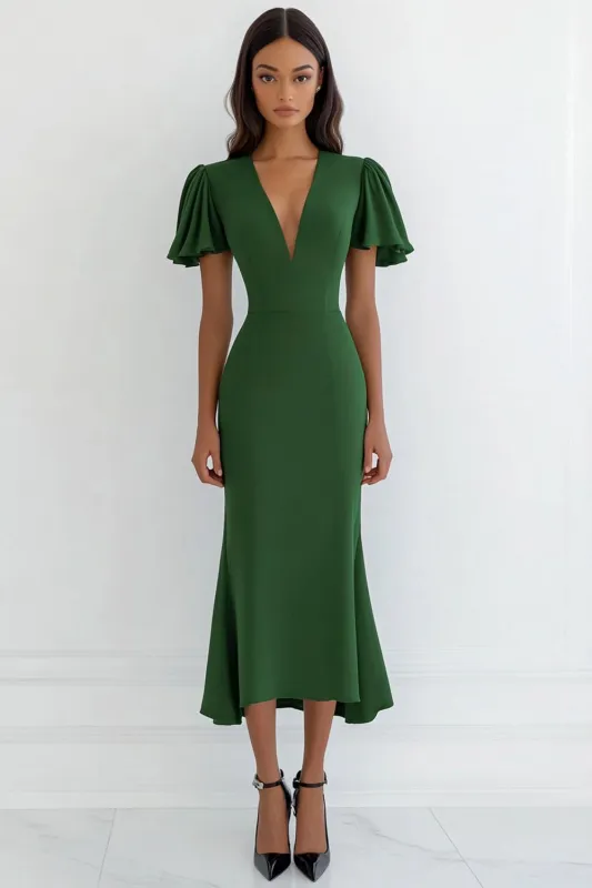 Green V-Neck Sheath Midi Formal Dress with Ruffles sold by Zapaka