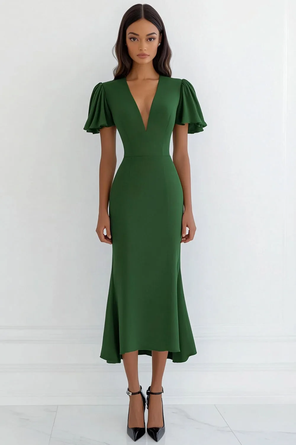 Green V-Neck Sheath Midi Formal Dress with Ruffles sold by Zapaka