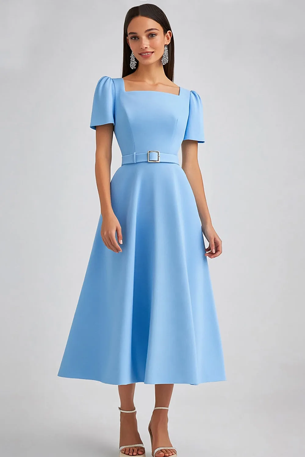 Sky Blue A Line Square Neck Work Dress with Belt sold by Zapaka