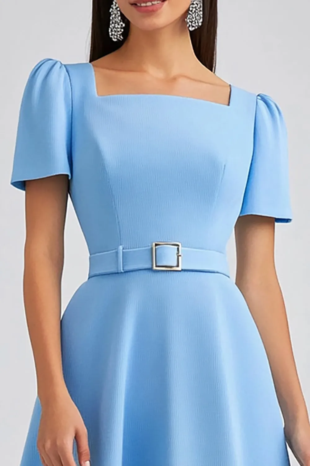 Sky Blue A Line Square Neck Work Dress with Belt sold by Zapaka product image thumbnail 3