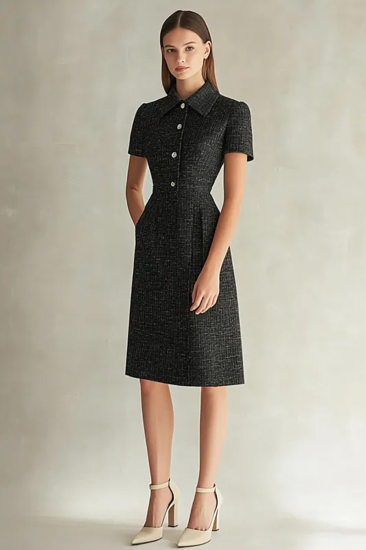 Black Sheath High Neck Single Breasted Work Dress sold by Zapaka