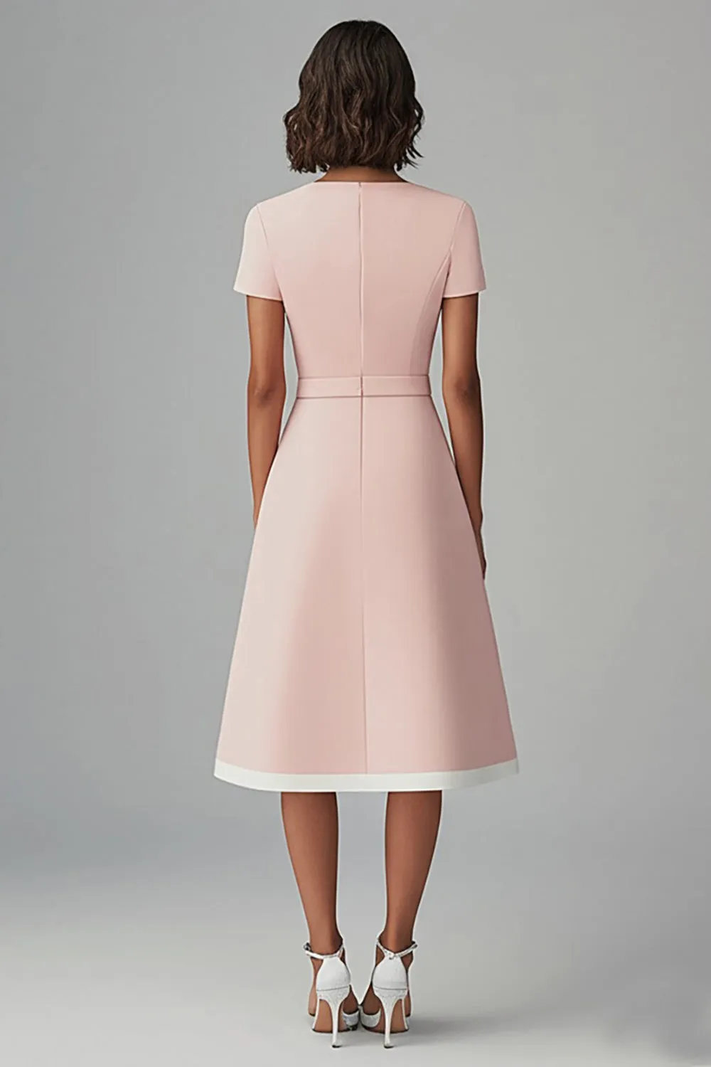 Boat Neck Pink A Line Work Dress with Belt sold by Zapaka product image thumbnail 2