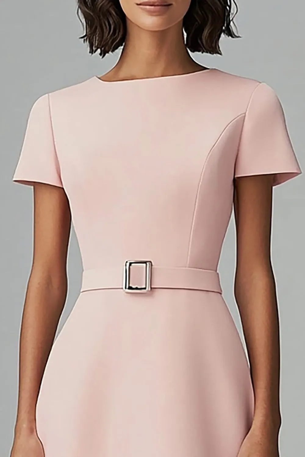Boat Neck Pink A Line Work Dress with Belt sold by Zapaka product image thumbnail 3