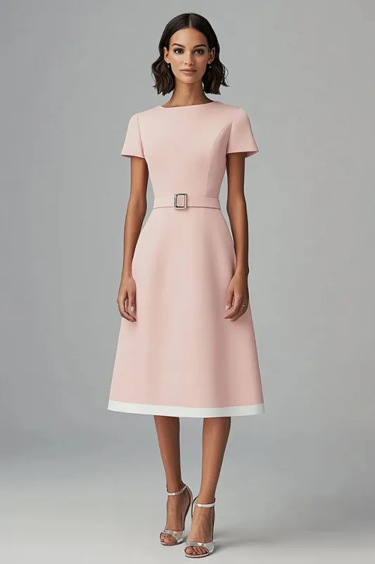 Boat Neck Pink A Line Work Dress with Belt sold by Zapaka