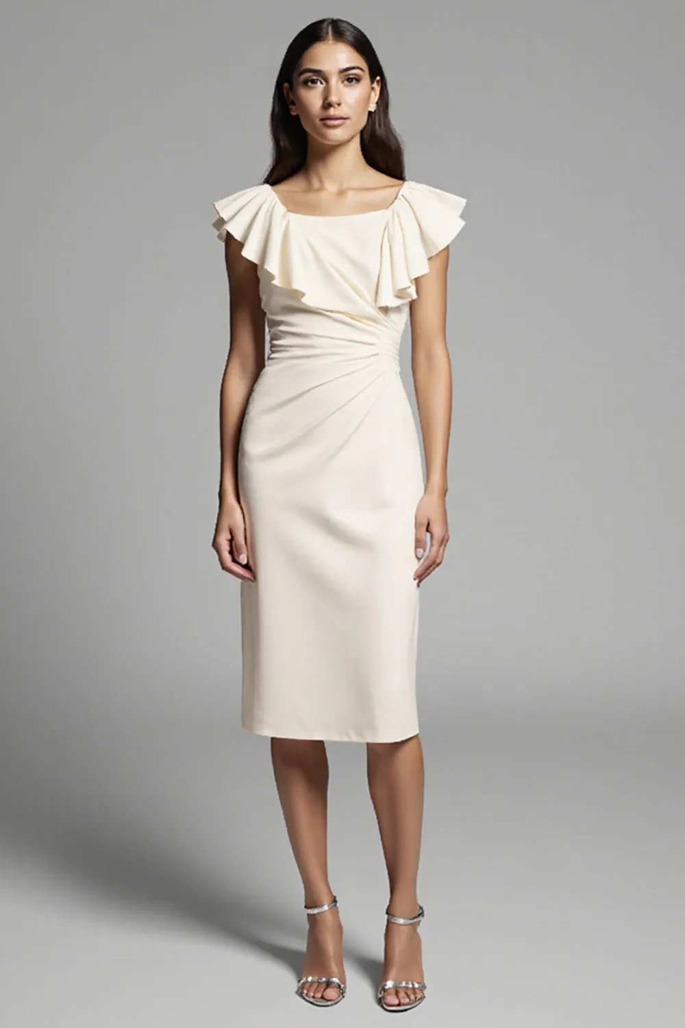 Square Neck Ruffled Sheath Ivory Midi Work Dress sold by Zapaka