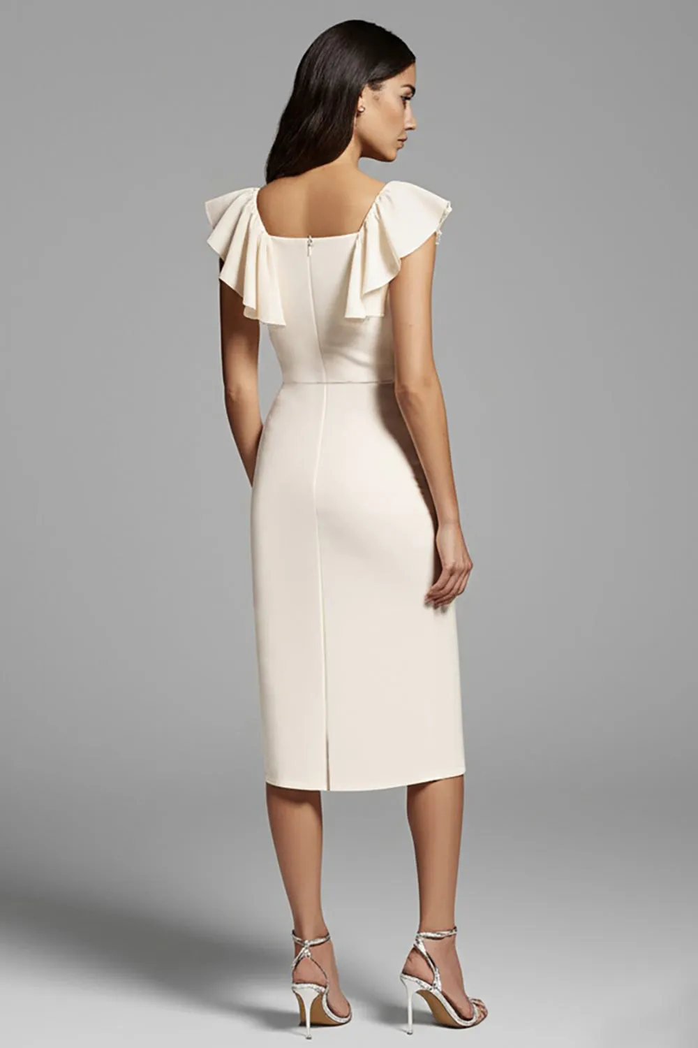 Square Neck Ruffled Sheath Ivory Midi Work Dress sold by Zapaka product image thumbnail 2