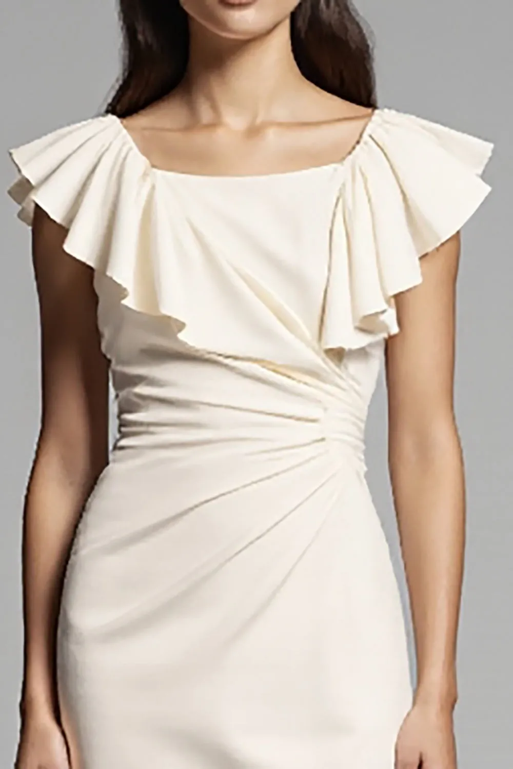 Square Neck Ruffled Sheath Ivory Midi Work Dress sold by Zapaka product image thumbnail 3