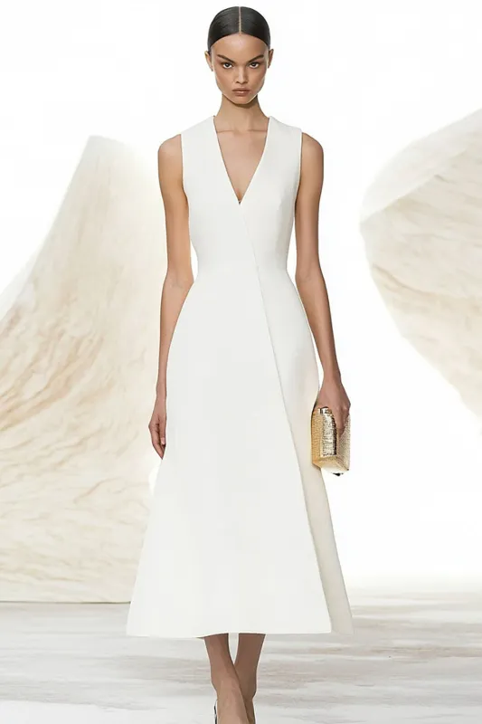 A Line V Neck Satin Ivory Long Work Dress sold by Zapaka
