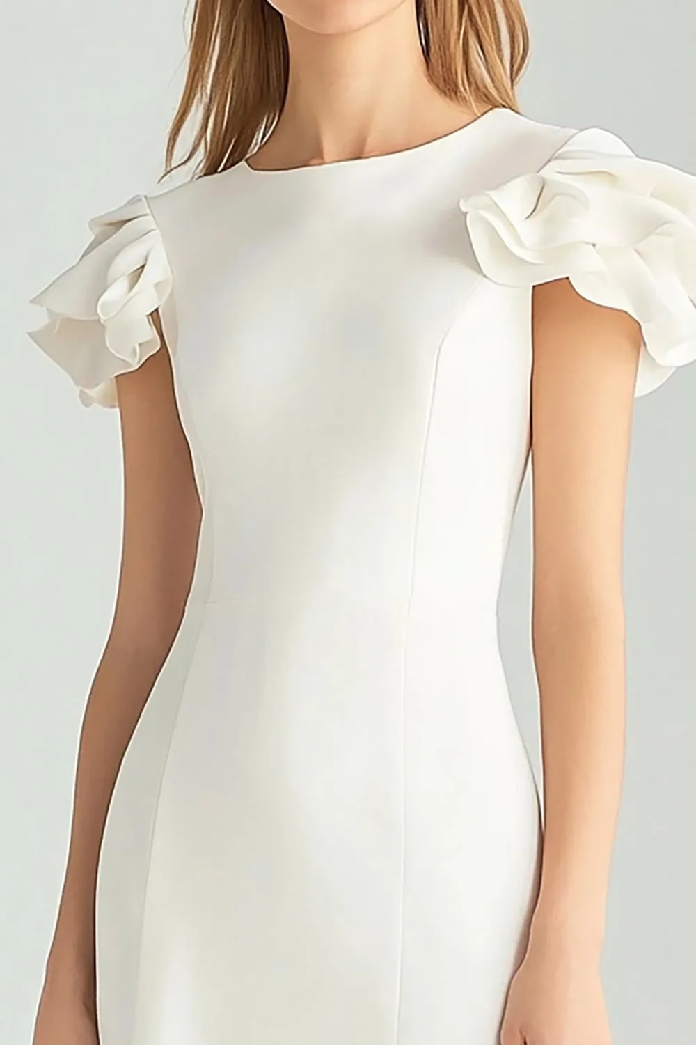 Ivory Sheath Boat Neck Ruffled Short Work Dress sold by Zapaka product image thumbnail 3