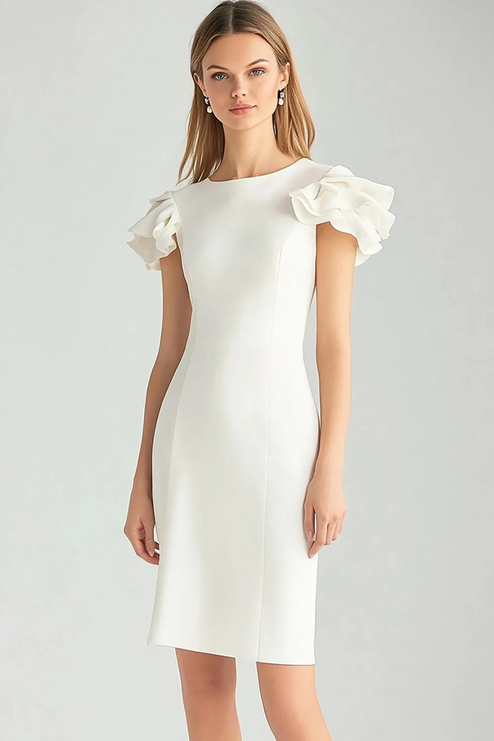 Ivory Sheath Boat Neck Ruffled Short Work Dress sold by Zapaka
