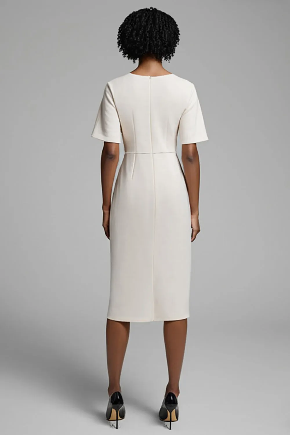 Ivory Sheath Round Neck Ruched Midi Work Dress sold by Zapaka product image thumbnail 2