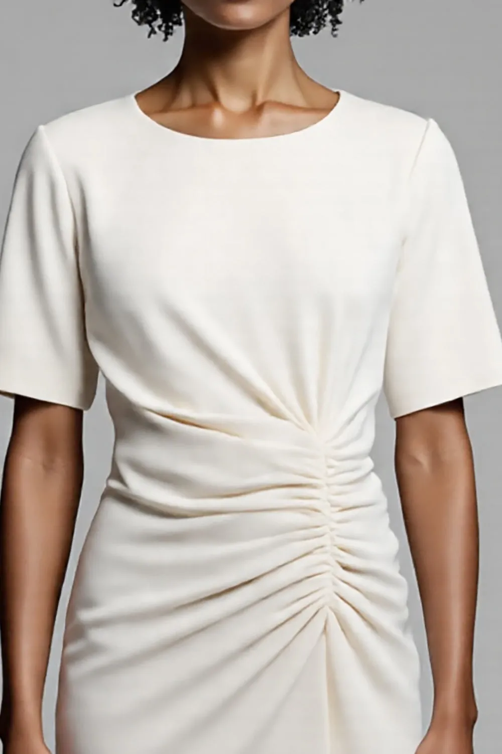 Ivory Sheath Round Neck Ruched Midi Work Dress sold by Zapaka product image thumbnail 3