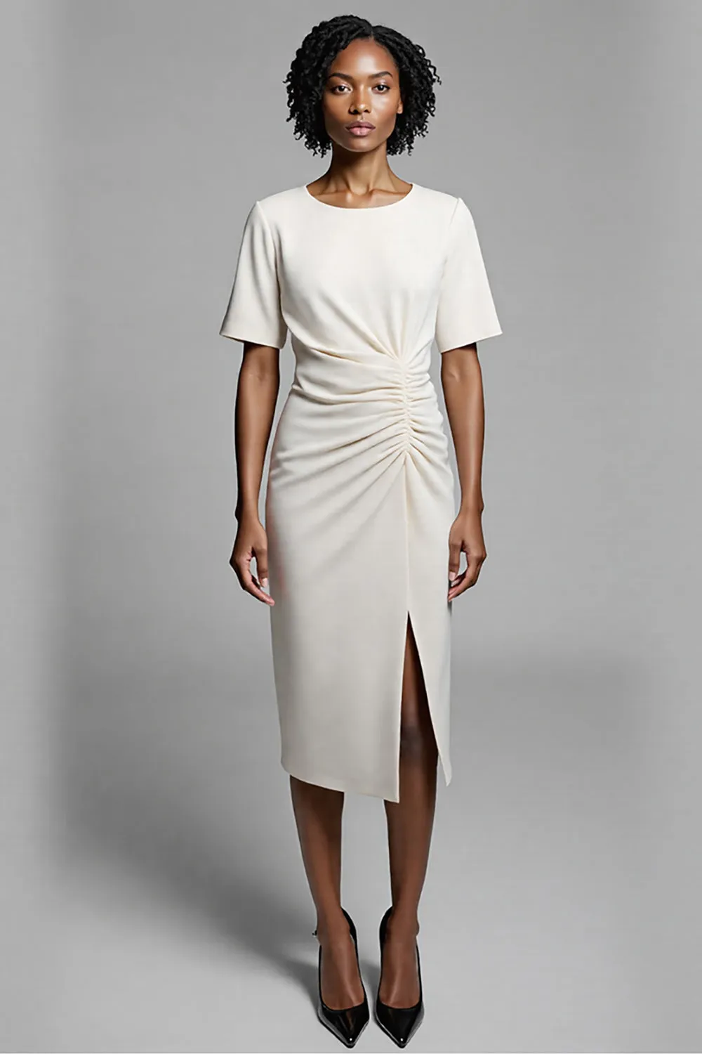 Ivory Sheath Round Neck Ruched Midi Work Dress sold by Zapaka