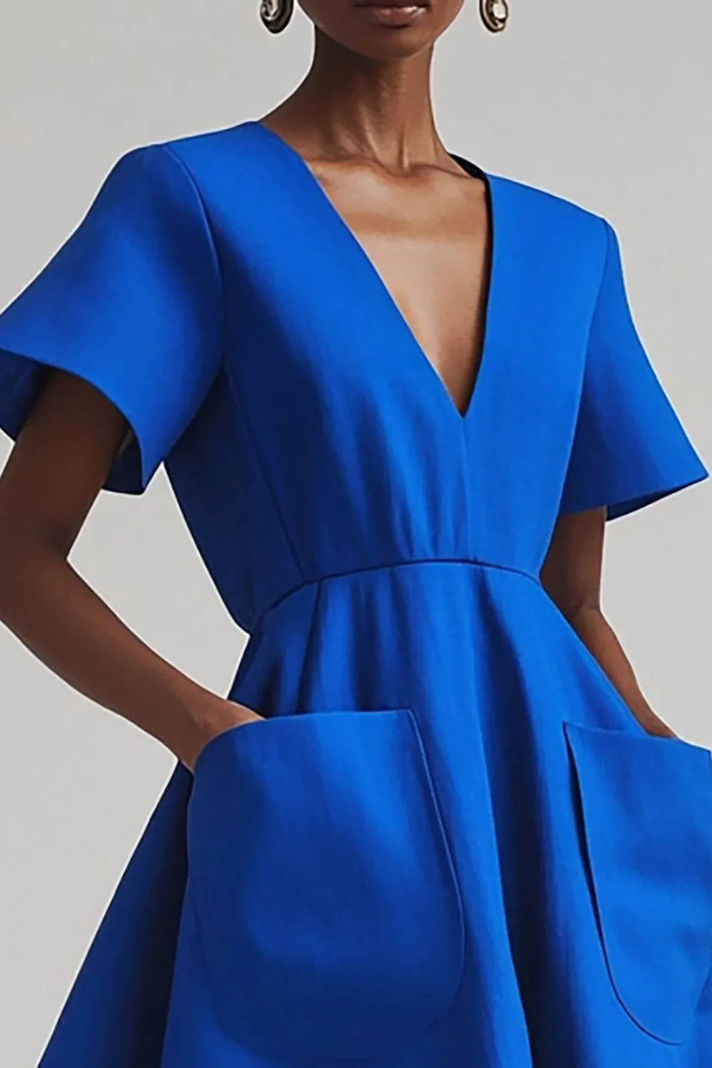 Royal Blue V-Neck A-Line Midi Work Dress with Pockets sold by Zapaka product image thumbnail 3