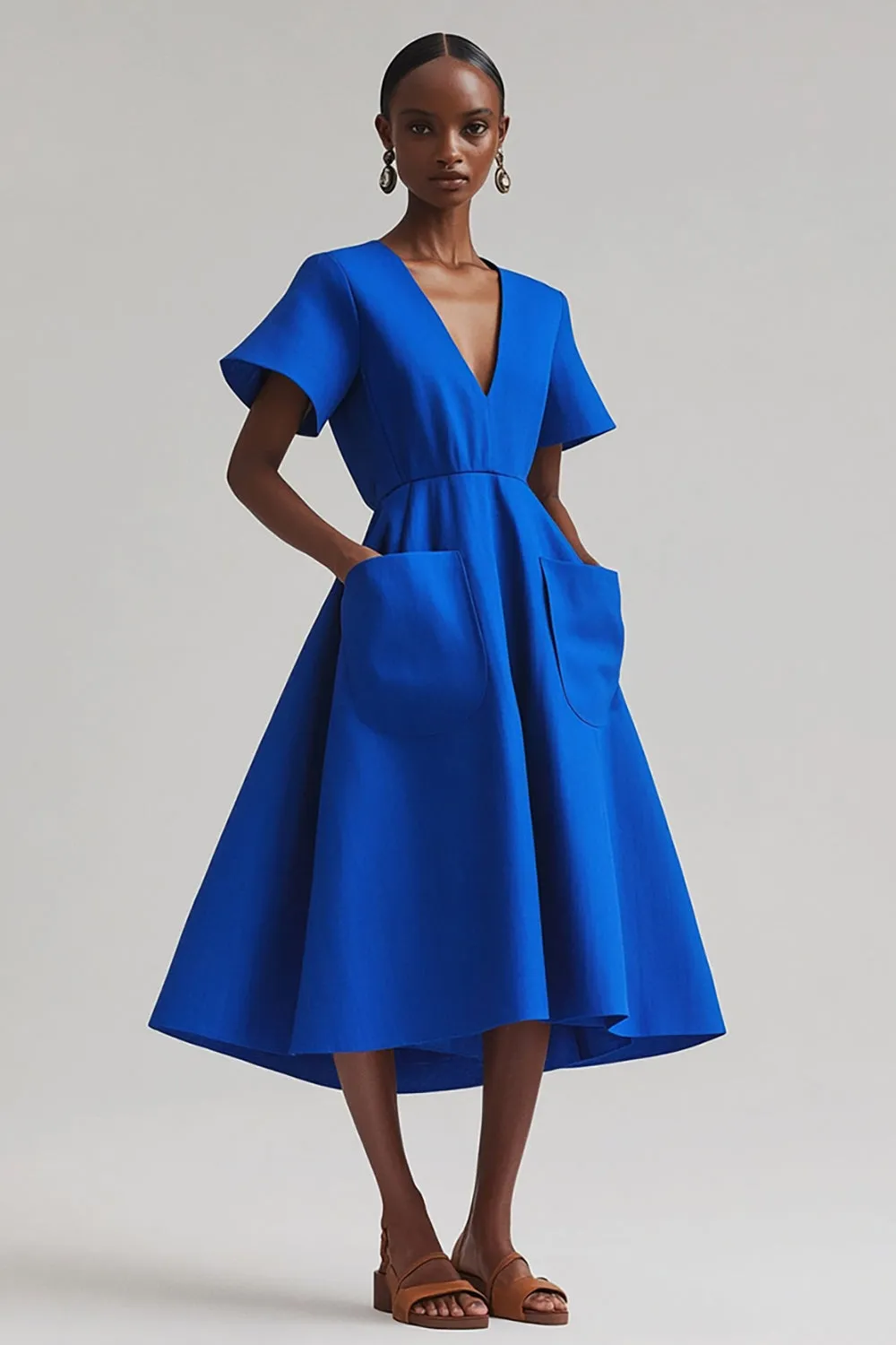 Royal Blue V-Neck A-Line Midi Work Dress with Pockets sold by Zapaka