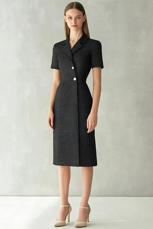 Black Sheath Notched Lapel Midi Work Dress sold by Zapaka