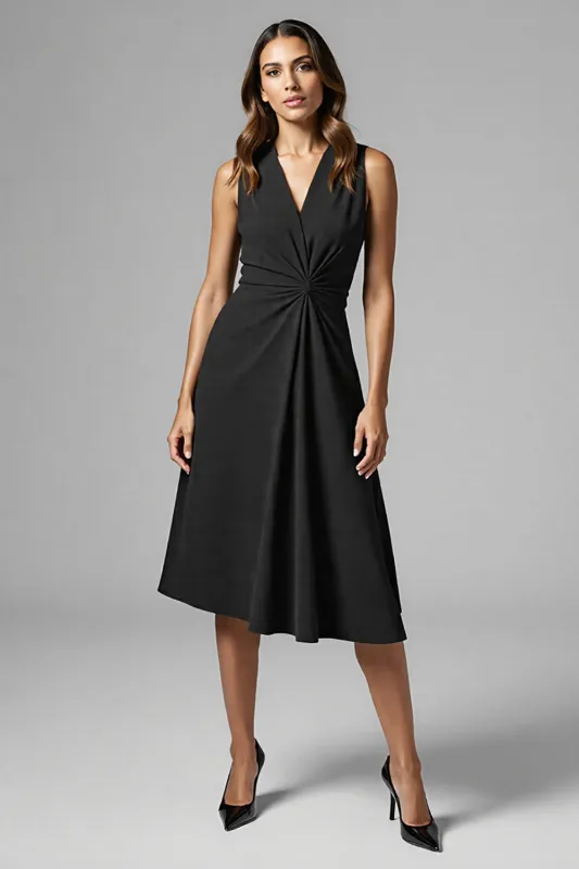 Black A Line V Neck Ruched Midi Work Dress sold by Zapaka