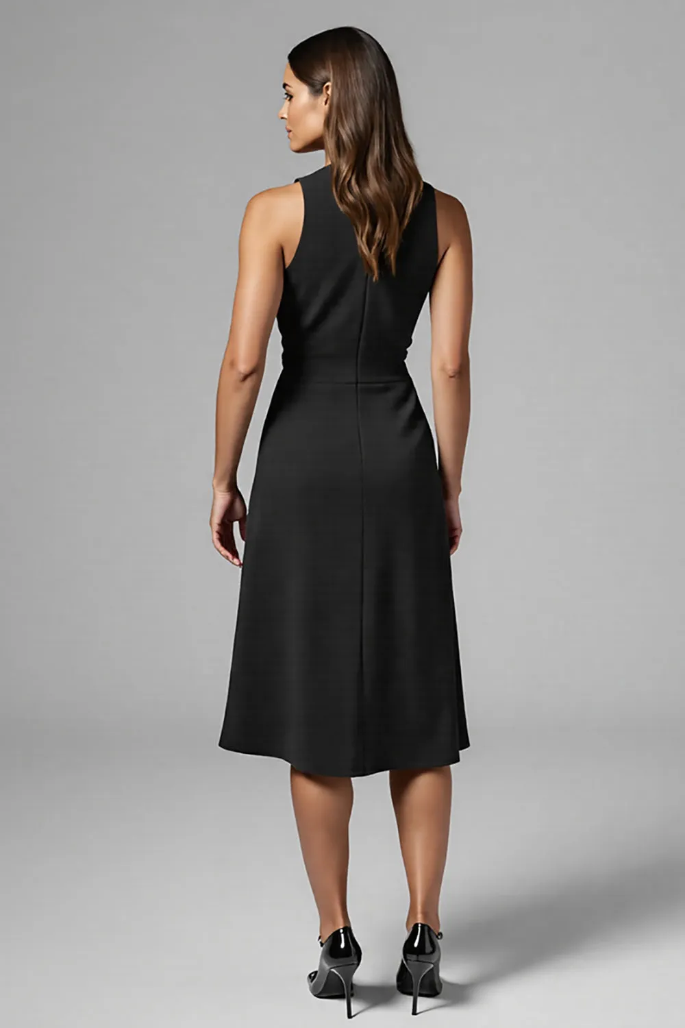 Black A Line V Neck Ruched Midi Work Dress sold by Zapaka product image thumbnail 2