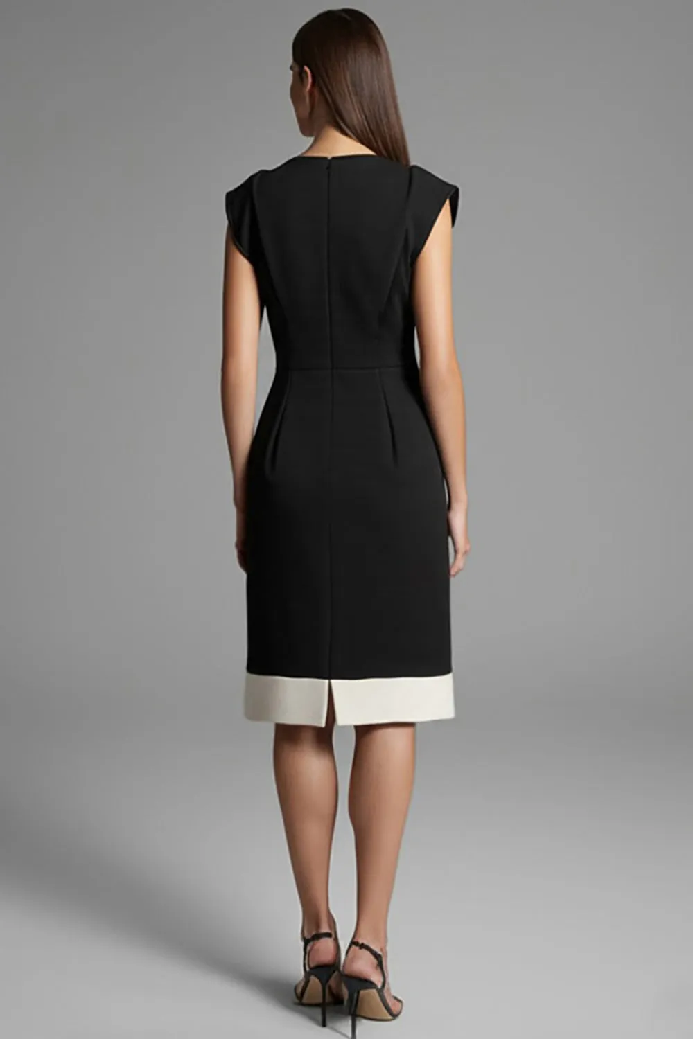 Black V-Neck Cap Sleeves Patchwork Midi Work Dress sold by Zapaka product image thumbnail 2