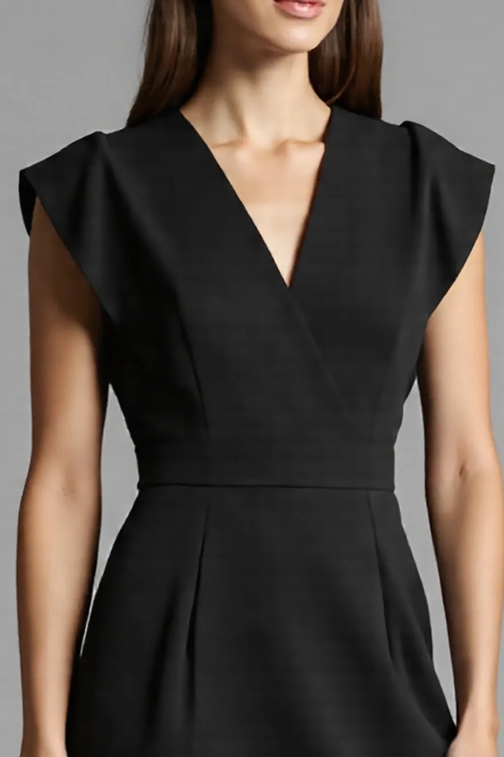 Black V-Neck Cap Sleeves Patchwork Midi Work Dress sold by Zapaka product image thumbnail 3
