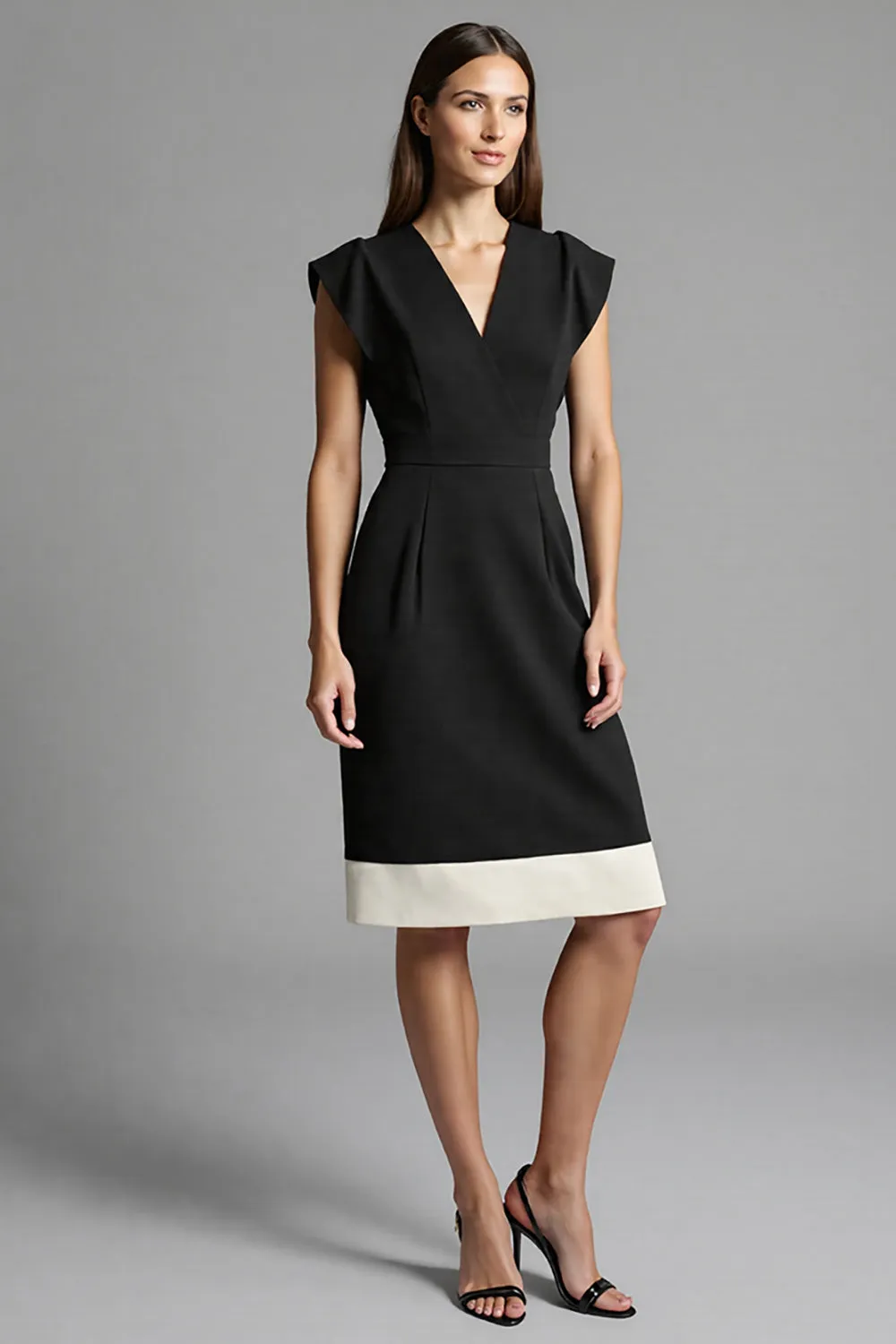Black V-Neck Cap Sleeves Patchwork Midi Work Dress sold by Zapaka